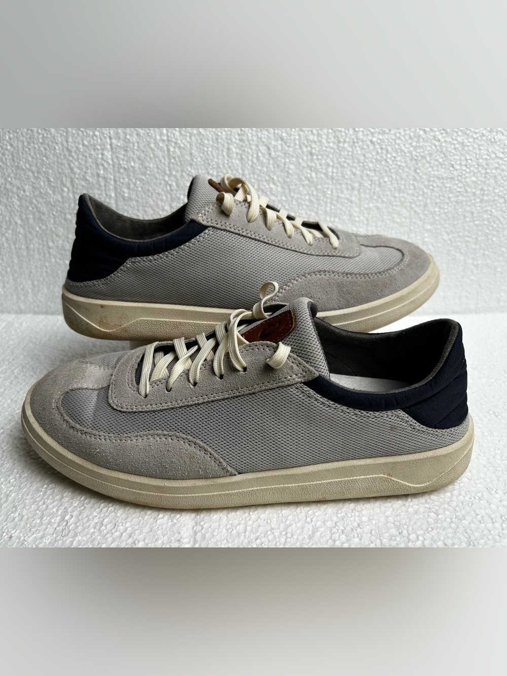 OluKai Men's Gray Suede & Mesh Sneakers with Navy Heel